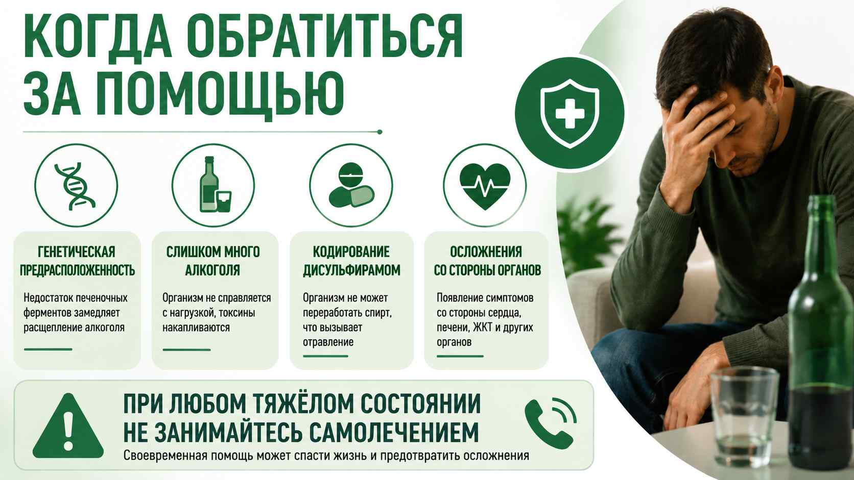 Инфографика о причинах тяжёлой алкогольной интоксикации: генетическая предрасположенность, большое количество алкоголя, кодирование дисульфирамом и осложнения со стороны внутренних органов.